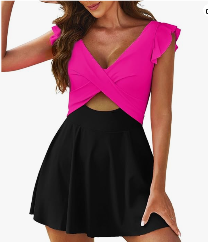 Aleumdr Ruffle Cutout Swimdress – Black & Pink, 2XL – New