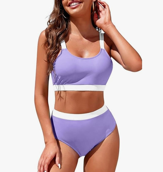 Adisputent Color Block Bikini Set – Purple & White, XXL – New with Tags