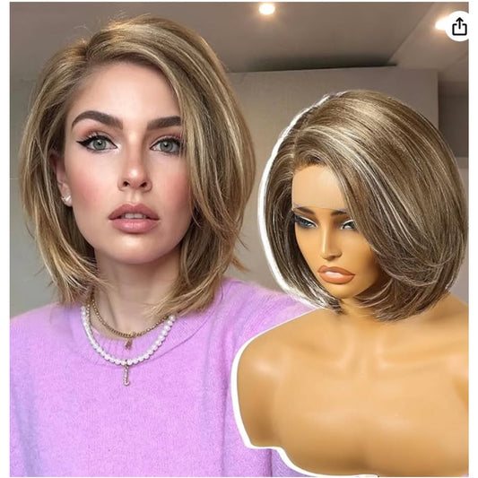 KOME Brown mix Blonde Lace Front Wig, Side Part Short Layered Straight Glueless Bob Wig 12IN