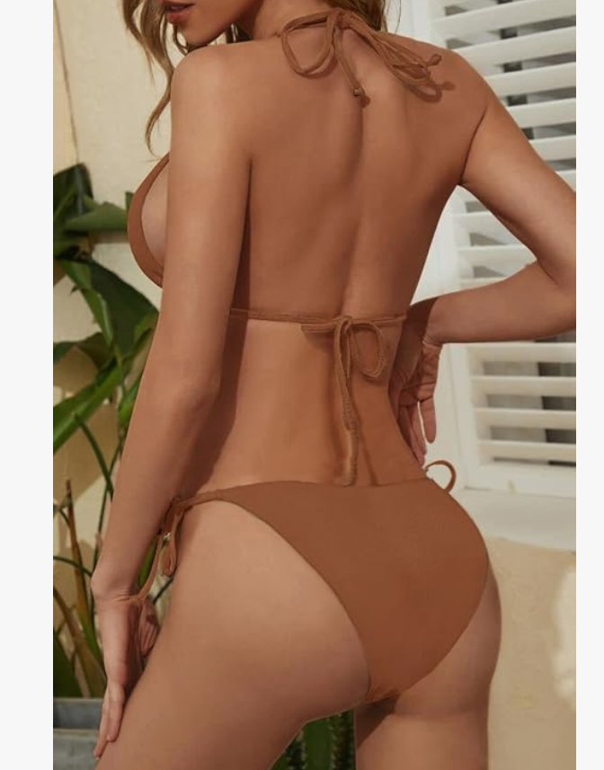 Zuvebamyo Ribbed Triangle Bikini Set – Brown, Small – NWT