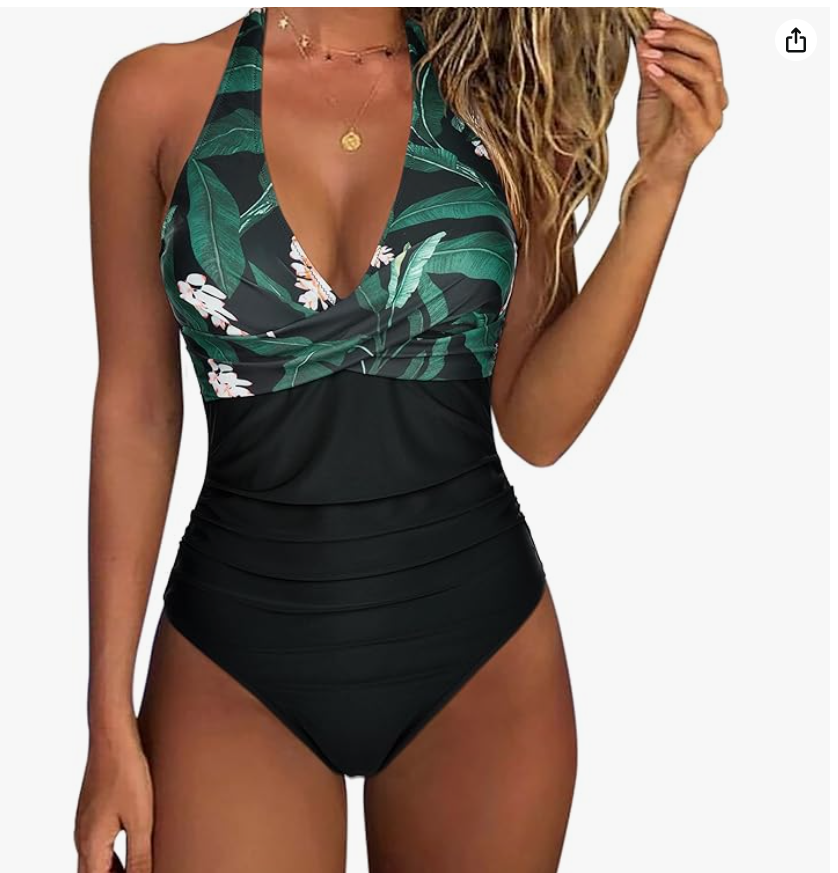 SUUKSESS Halter One-Piece Swimsuit – Tropical Floral Black, Small – New