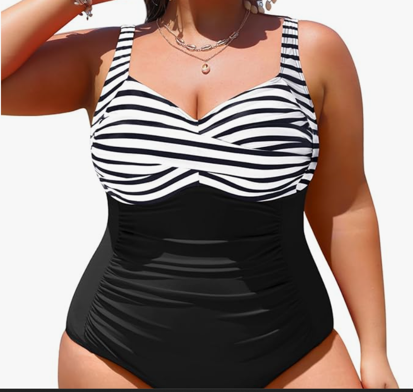 Yonique Twist-Front One-Piece Swimsuit – Black & White Stripe, 14W – NWT