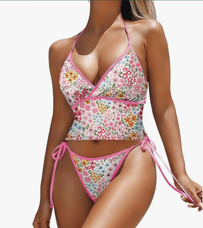ZAFUL Floral Halter Two-Piece Tankini Set – Pink, Large – New