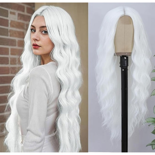 BUPPLER Cosplay Long White Wig 28 Inch Middle Part Synthetic Wig Realistic