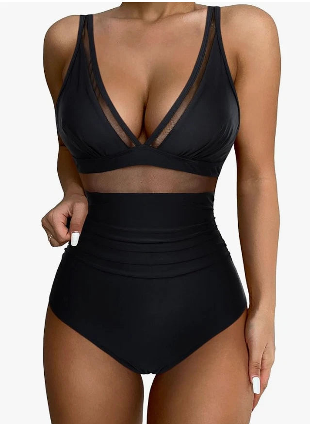 SUUKSESS Mesh Tummy Control One Piece Swimsuit – Black – Large