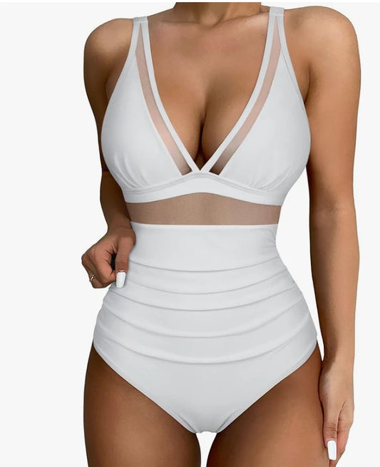 SUUKSESS Mesh Tummy Control One Piece Swimsuit – White – XL
