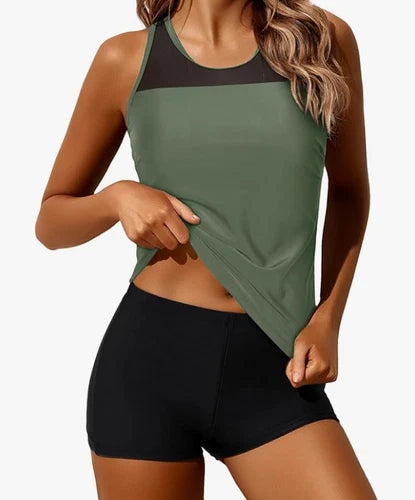 Yonique Athletic Two Piece Tankini with Boy Shorts – Army Green – 20W