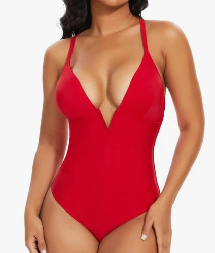 SHAPERIN Deep V-Neck Tummy Control One Piece Swimsuit – Red – 2XL