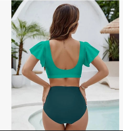 BMJL Ruffle High-Waisted Bikini Set – Aqua & Green – Medium