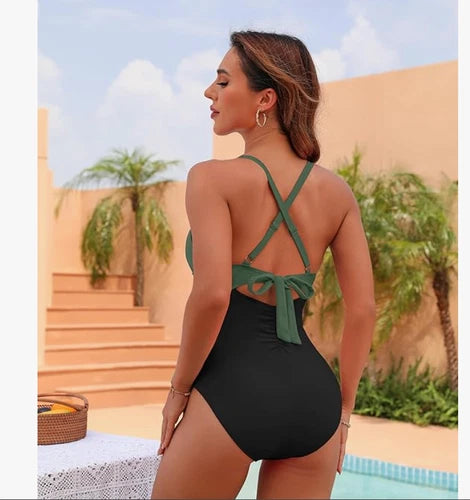 Eomenie Tummy Control Two Piece Tankini – Army Green & Black – Medium