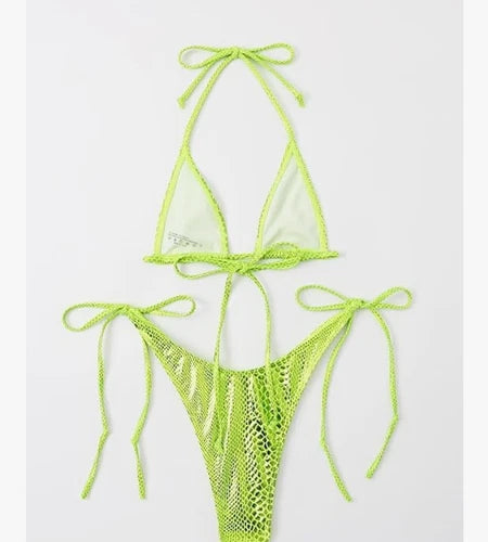 Falainetee Metallic Snakeskin Triangle Bikini Set – Green – XS