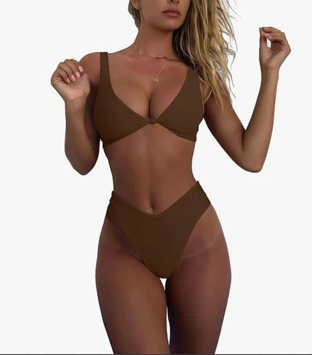 geluboao V-Neck Two Piece Bikini Set – Brown – XS