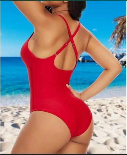 SHAPERIN Deep V-Neck Tummy Control One Piece Swimsuit – Red – 2XL